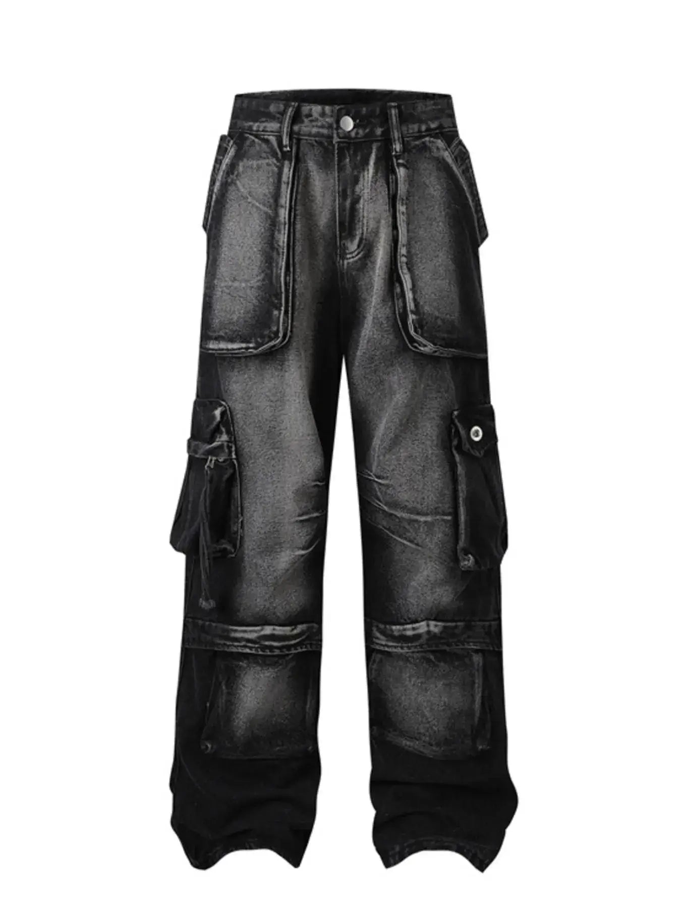 Men's full size washed cargo jeans in black with multiple pockets and a versatile design.