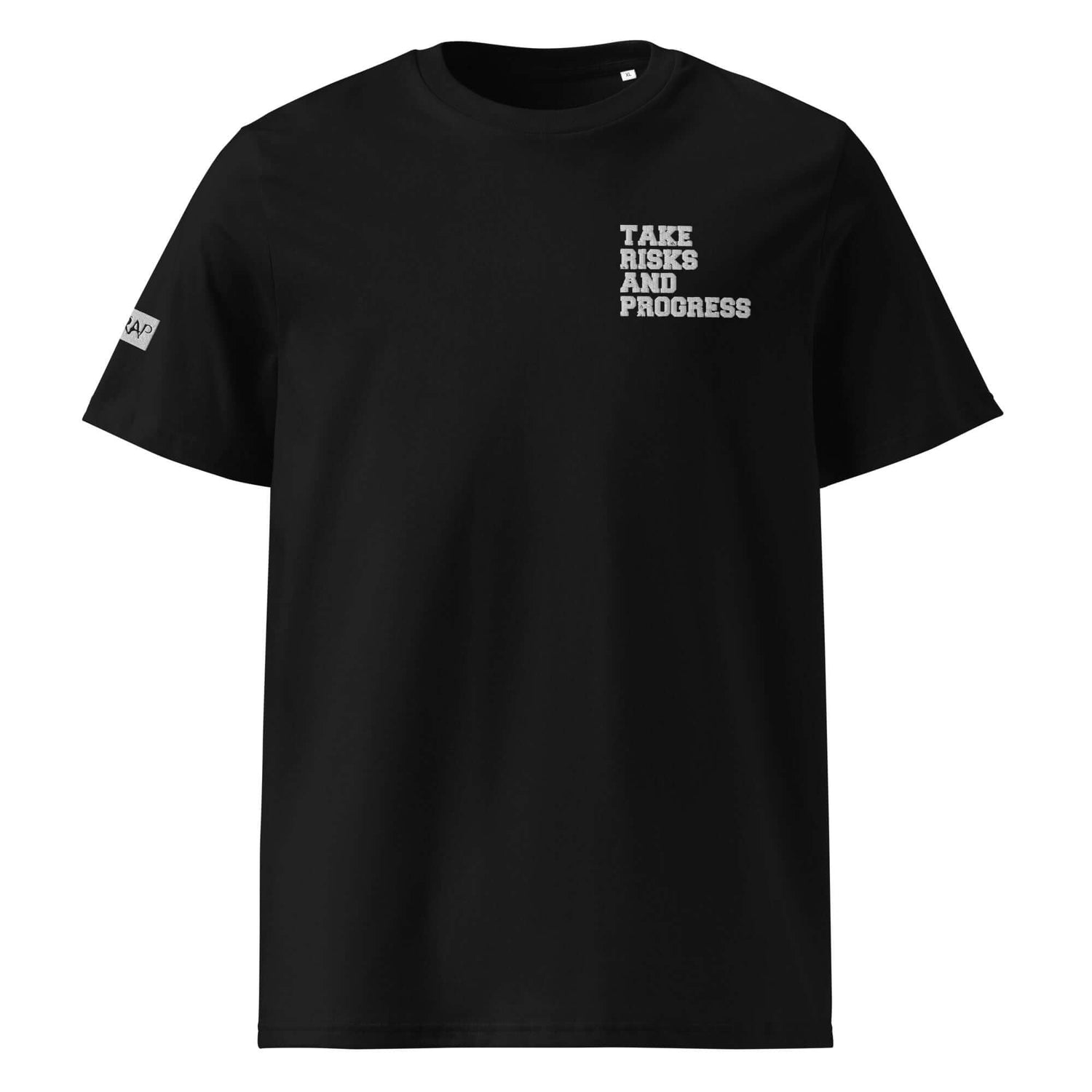 Black statement tee featuring the phrase 'Take Risks and Progress' in bold typography.