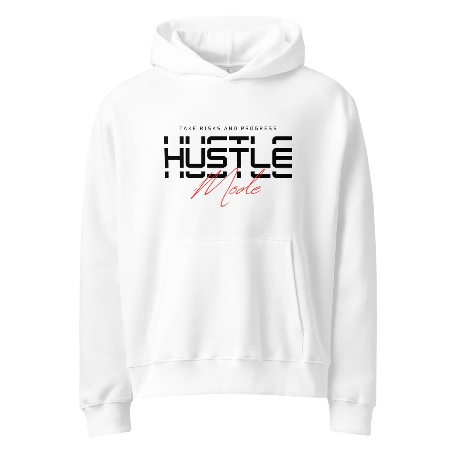 White hoodie featuring 'HUSTLE Mode' graphic with motivational text 'Take Risks and Progress'.