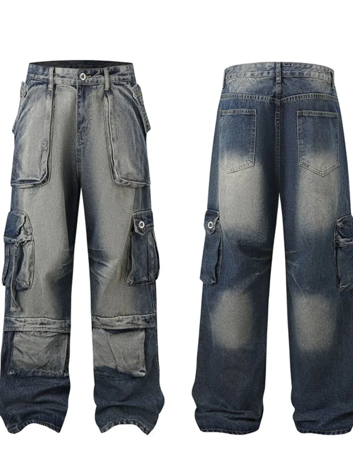 Washed cargo denim jeans for men featuring a vintage look and multiple cargo pockets for storage.