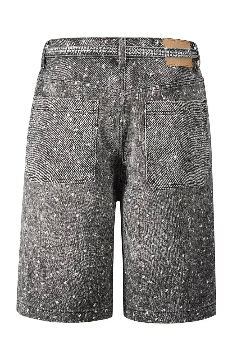 Back view of Galaxy Rhinestone Shorts for men, featuring a stylish black and white fabric with pockets.