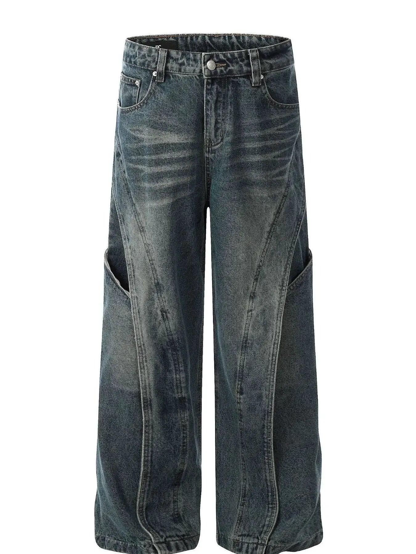 Vintage washed wide leg baggy jeans for men with distressed details and seam detailing.