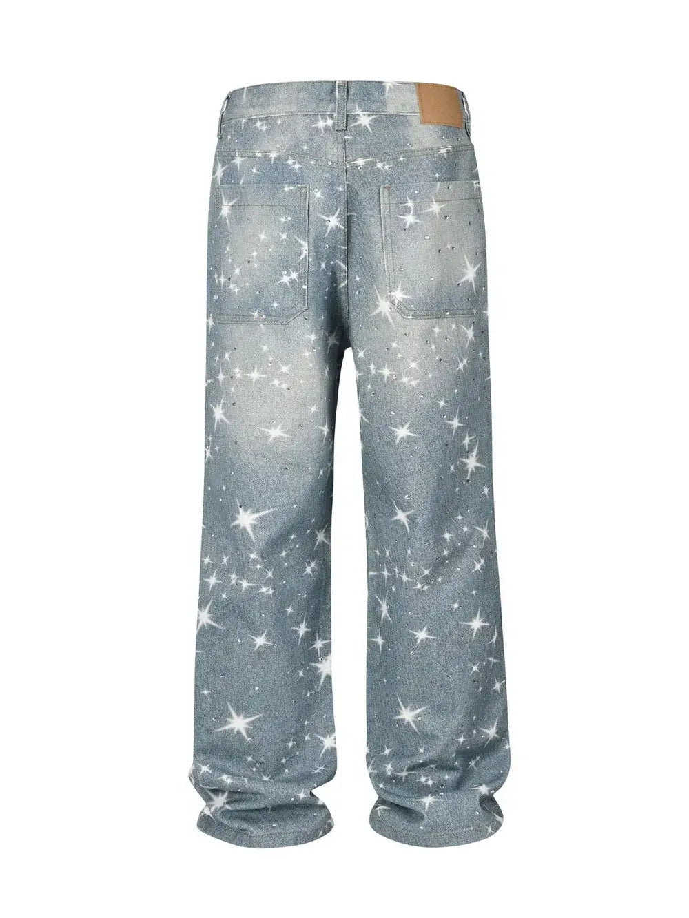 Back view of StarPrint Rhinestone Washed Jeans for men with a starry design, featuring structured fit and no stretch.