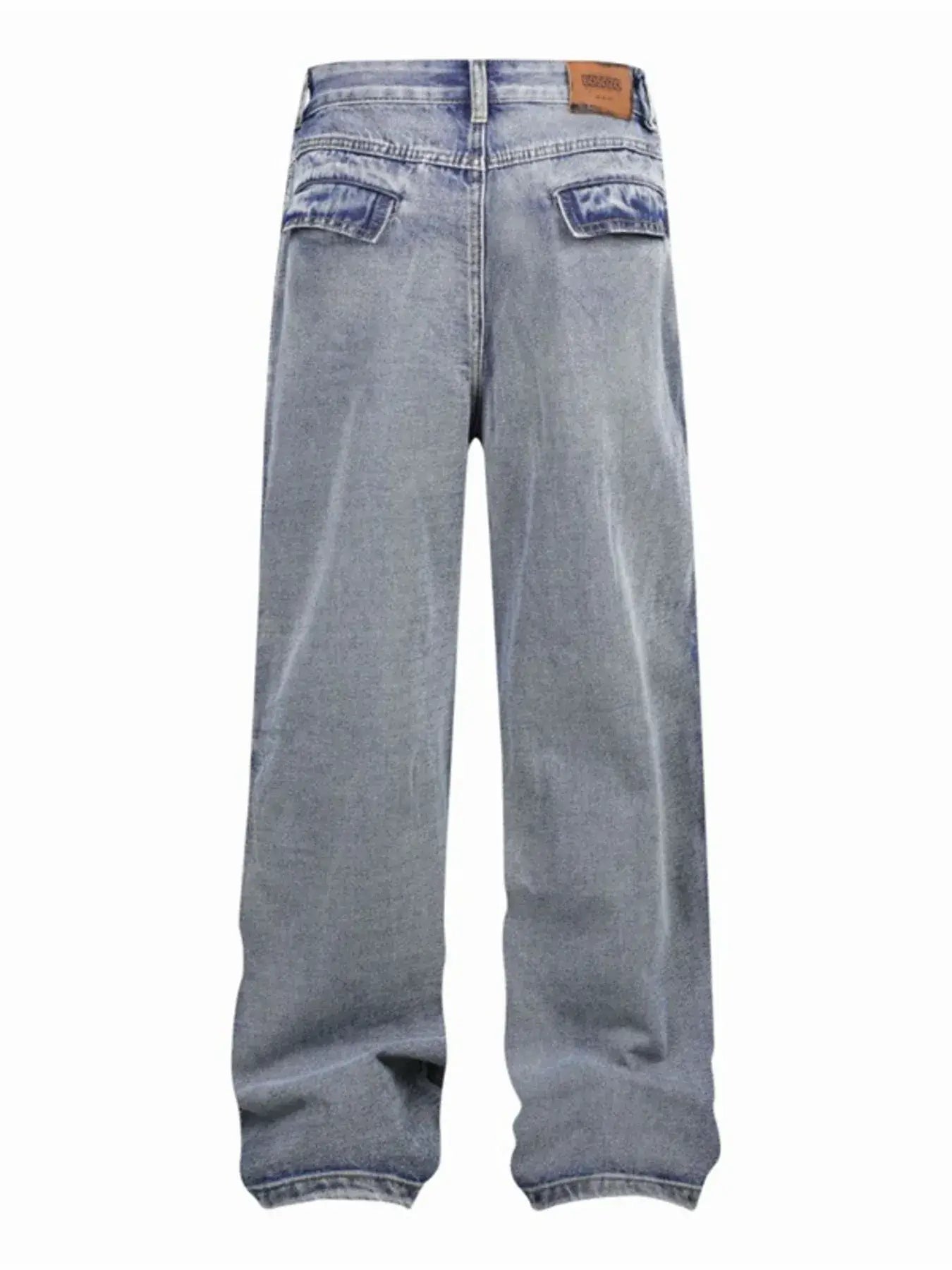 Wide leg 4 pocket jeans for men in washed finish with slight stretch, showcasing the back view.