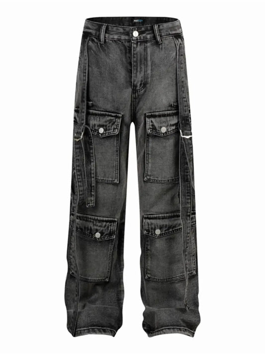Wide leg 4 pocket jeans for men in a washed black finish, featuring a comfortable fit and multiple pockets.