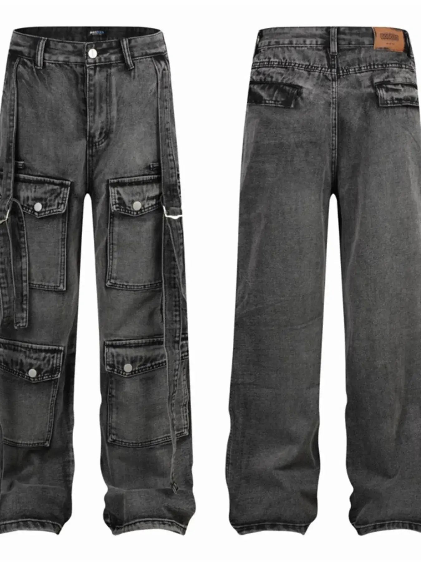 Men's wide leg 4 pocket jeans in washed black, featuring a relaxed fit and stylish cargo pockets.