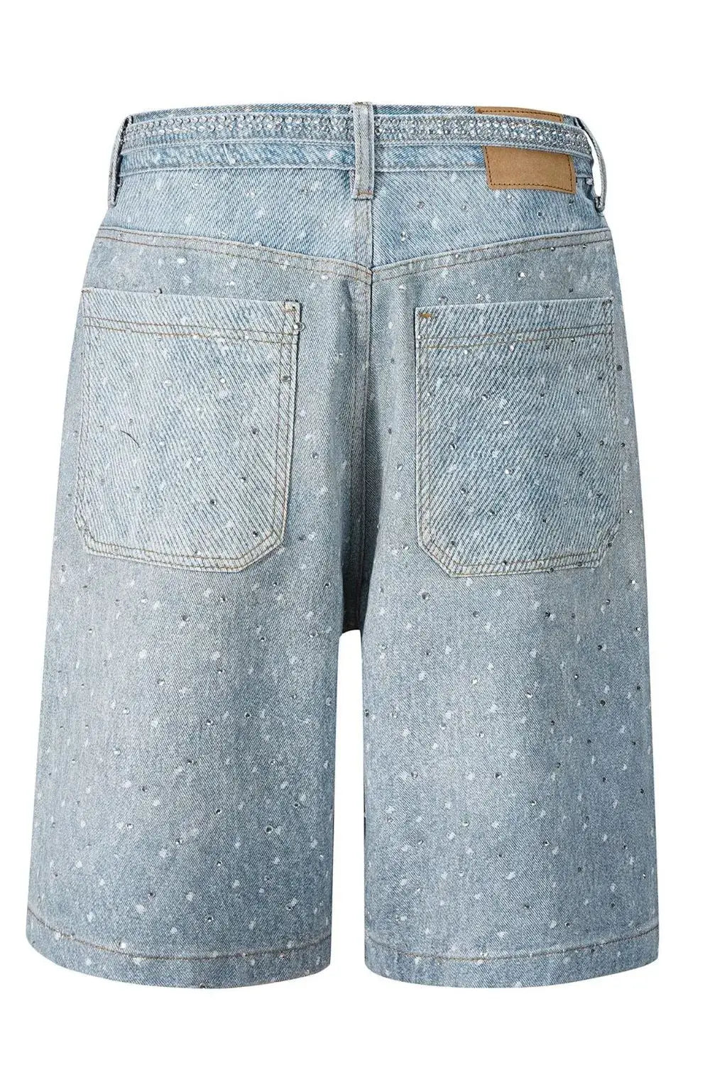 Back view of Galaxy Rhinestone Shorts for men, featuring a light blue denim fabric with rhinestone accents.