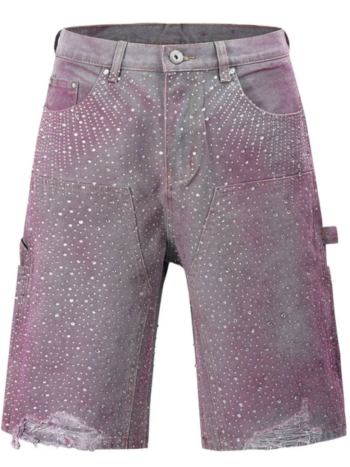 Men's StarGalaxy rhinestone shorts in a stylish faded purple design with unique embellishments.