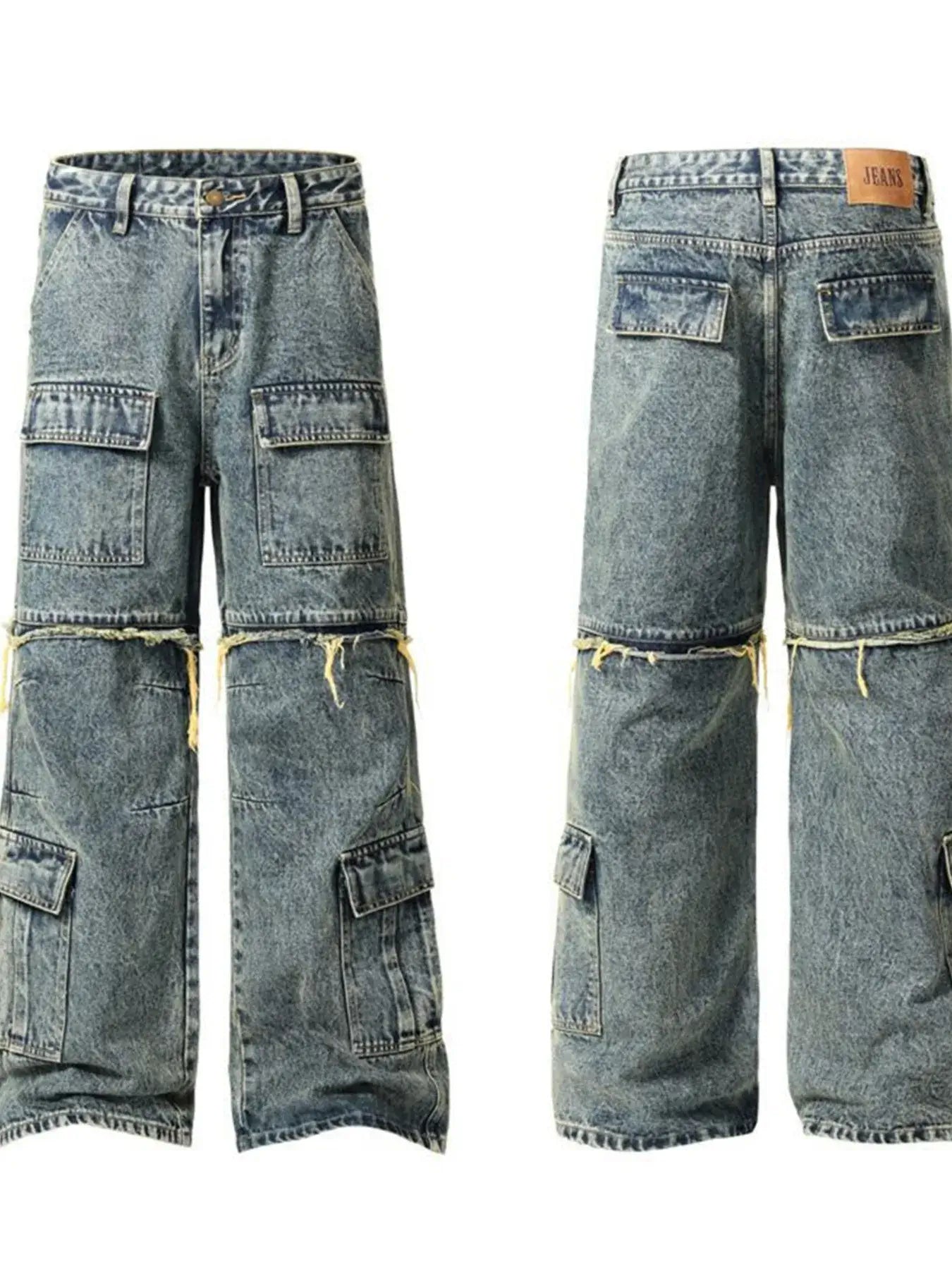 Vintage distressed multi-pocket cargo jeans for men with zip closure, soft washed finish, and structured fabric.