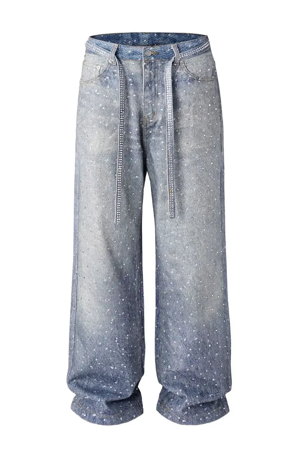 Galaxy Rhinestone Jeans featuring a 3D washed finish and embellished with 20,000 rhinestones for a bold look.
