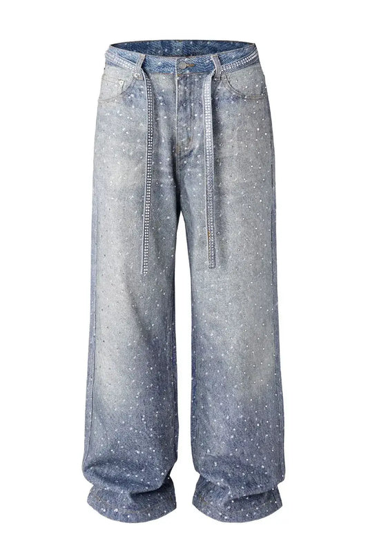 Galaxy Rhinestone Jeans featuring a 3D washed finish and embellished with 20,000 rhinestones for a bold look.