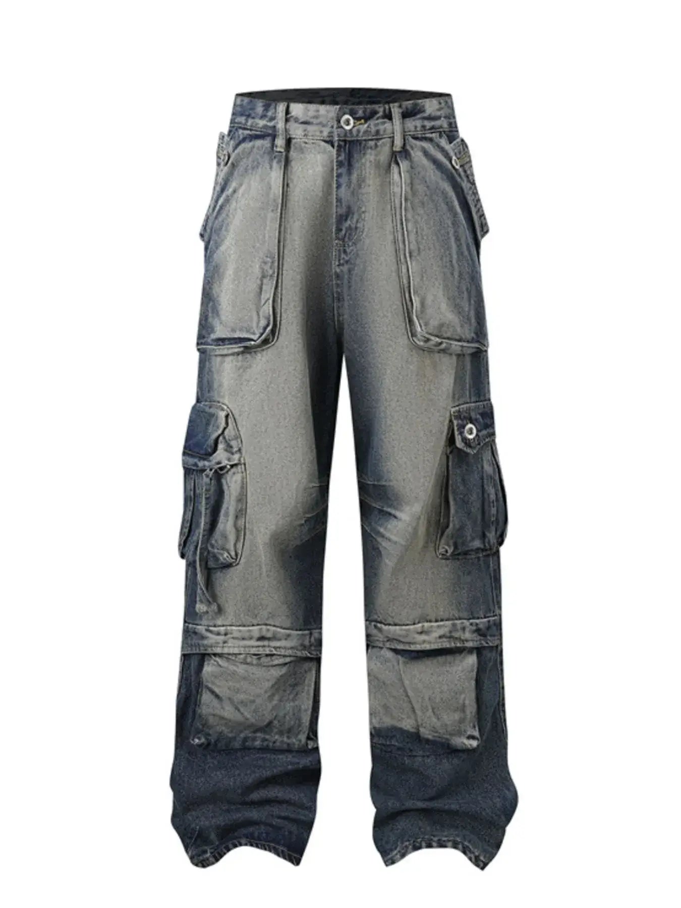 Washed Cargo Denim Jeans (Men) with multiple pockets and a vintage look, perfect for streetwear style.
