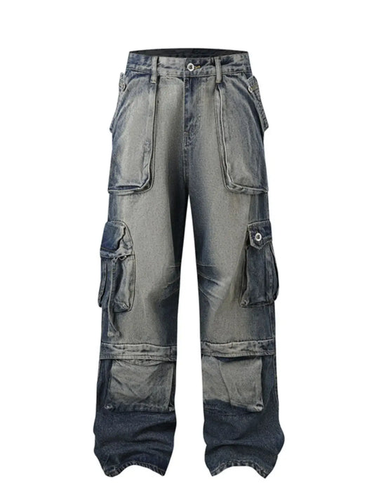 Washed Cargo Denim Jeans (Men) with multiple pockets and a vintage look, perfect for streetwear style.
