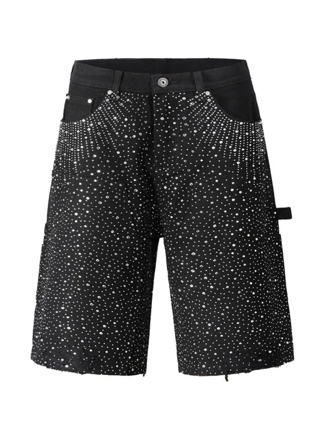 StarGalaxy rhinestone shorts for men, stylish black denim with sparkling rhinestones, perfect for casual wear.