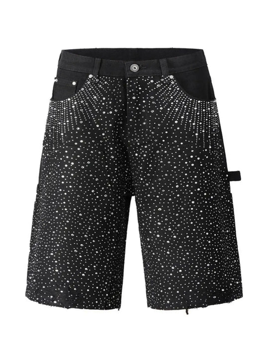 StarGalaxy rhinestone shorts for men, stylish black denim with sparkling rhinestones, perfect for casual wear.