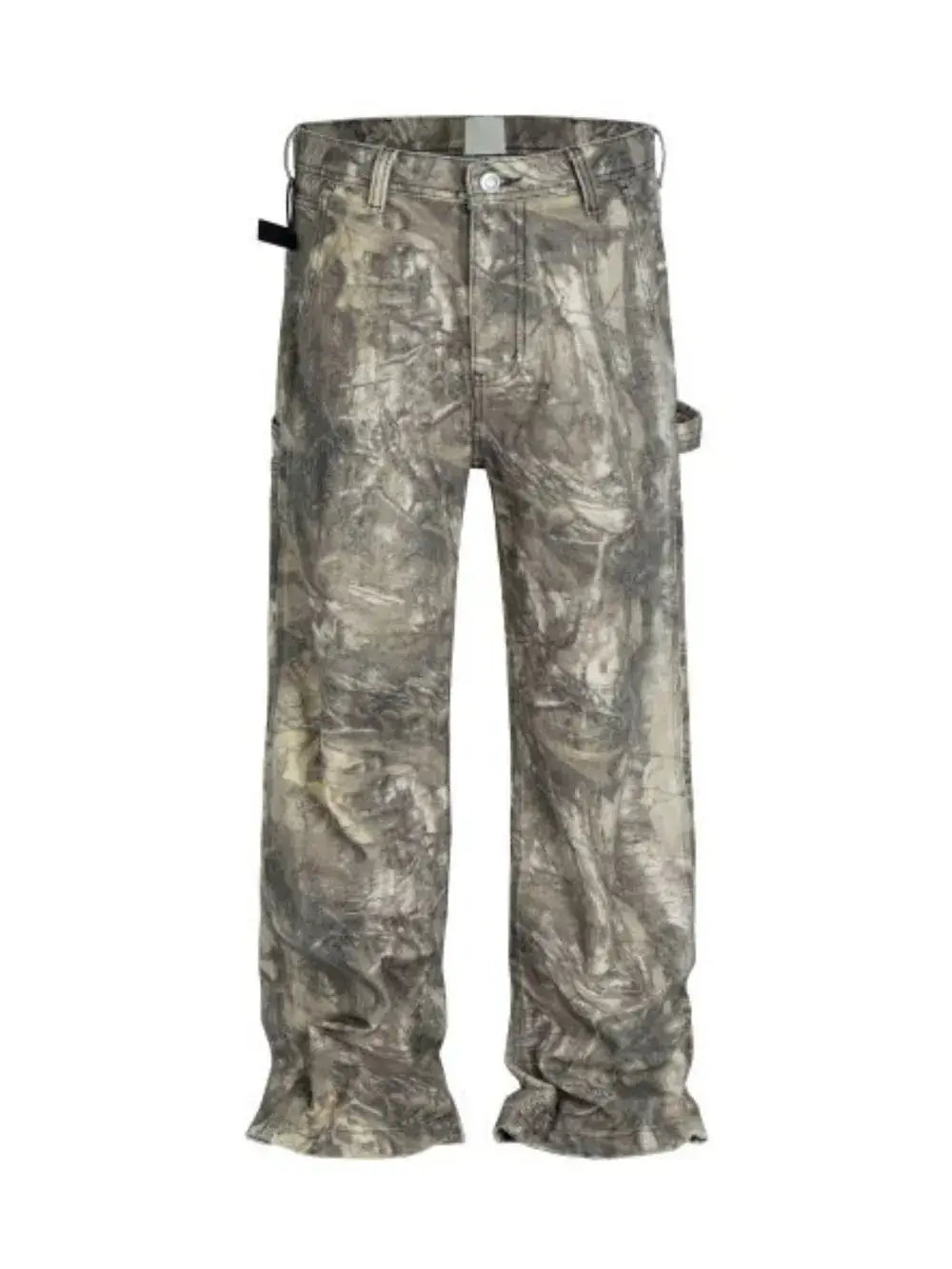 Twig camouflage distressed jeans for men, featuring a clean, structured fit with no stretch and a stylish design.