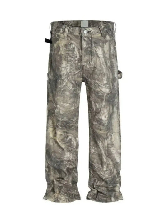Twig camouflage distressed jeans for men, featuring a clean, structured fit with no stretch and a stylish design.