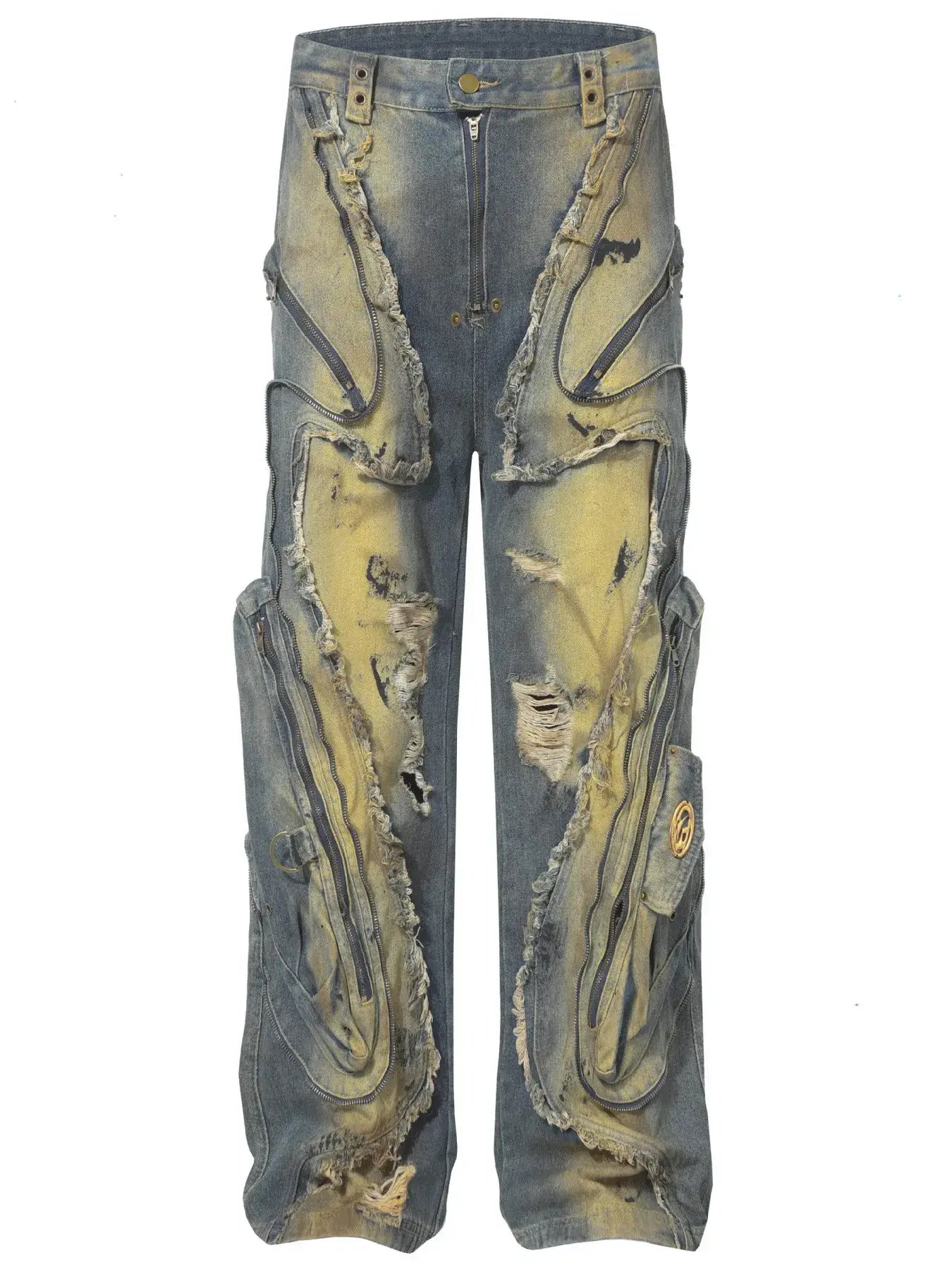 Distressed cargo jeans for men with artistic ripped design and functional pockets.