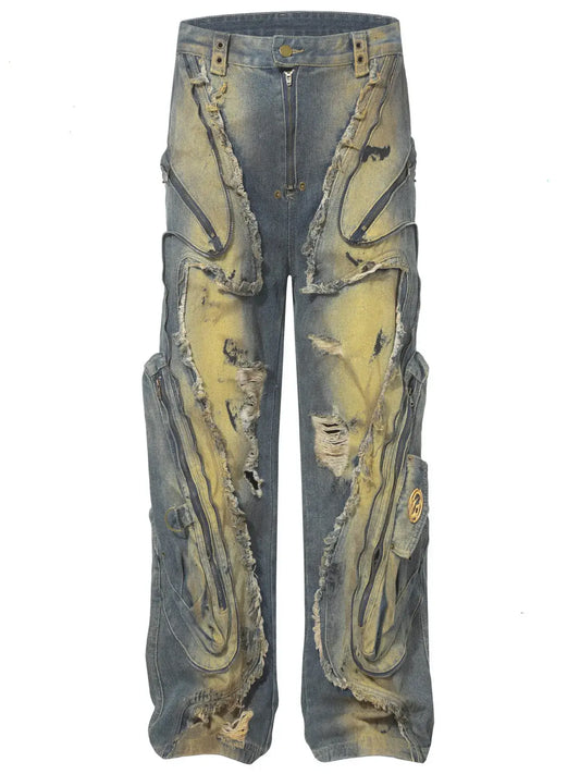 Distressed cargo jeans for men with artistic ripped design and functional pockets.