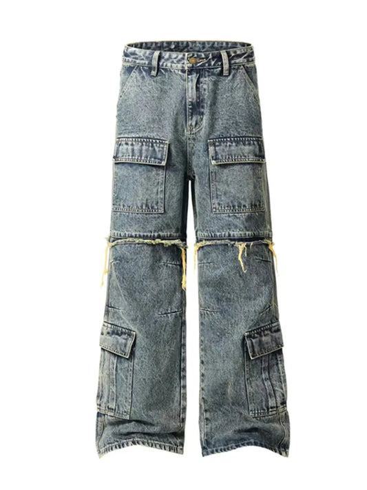 Vintage distressed multi-pocket cargo jeans for men featuring a washed finish and zipper closure.