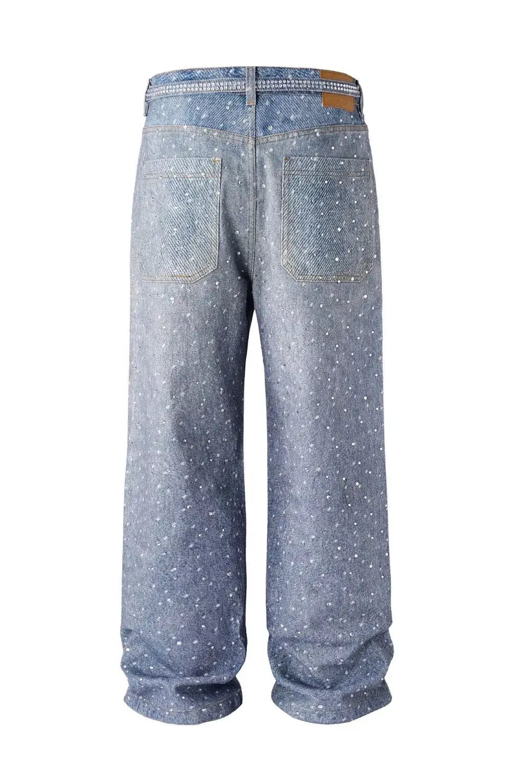 Galaxy Rhinestone Jeans showcasing a 3D washed finish and sparkling embellishments from the back view.