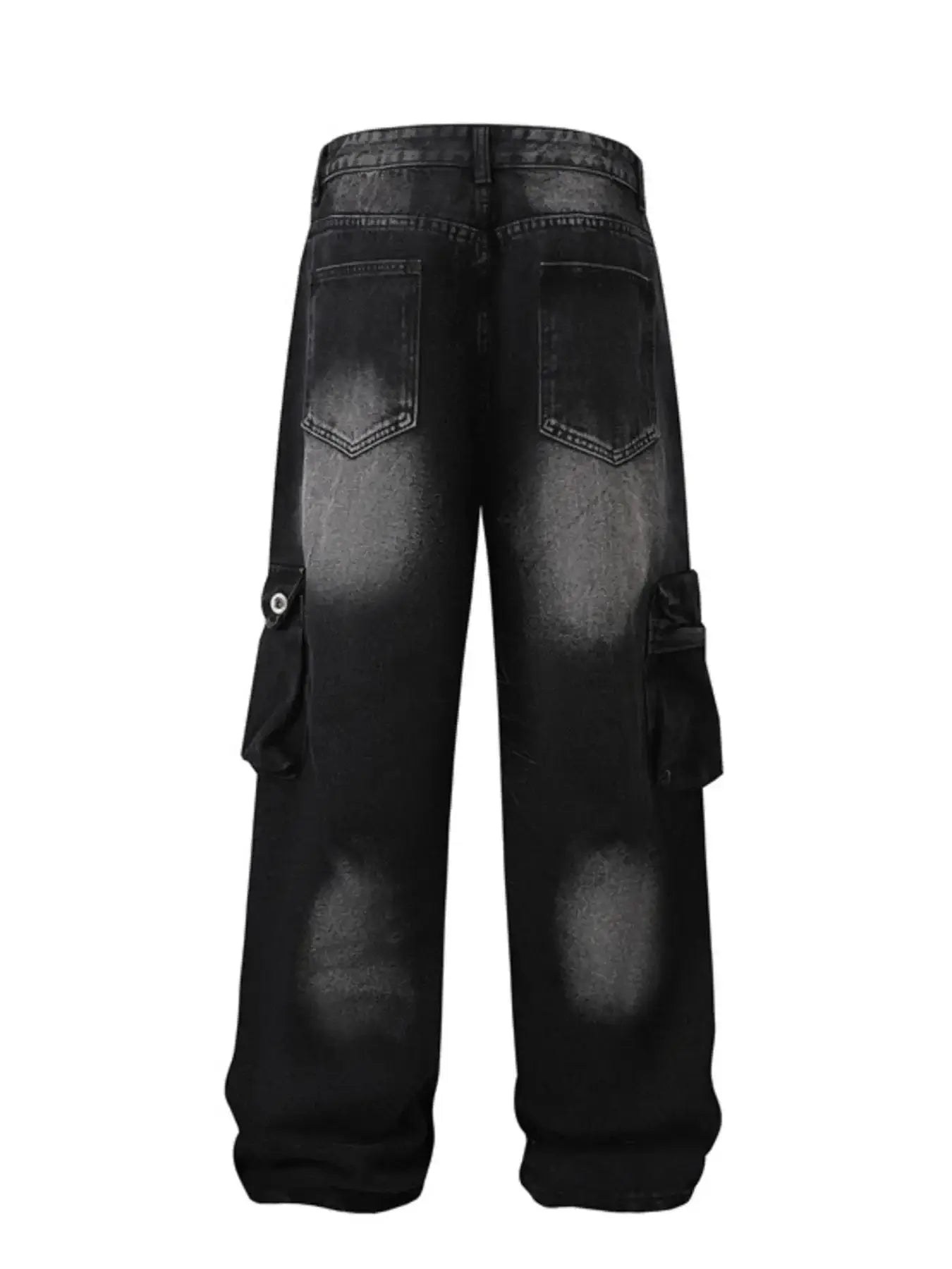 Men's full size washed black cargo jeans featuring side pockets and a stylish faded look.