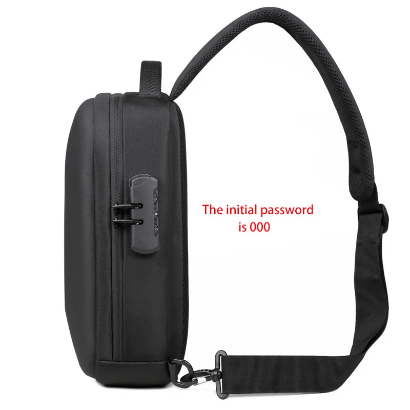 Anti-theft Travel Crossbody Bag with built-in lock and USB charging port, showcasing sleek design and adjustable strap.
