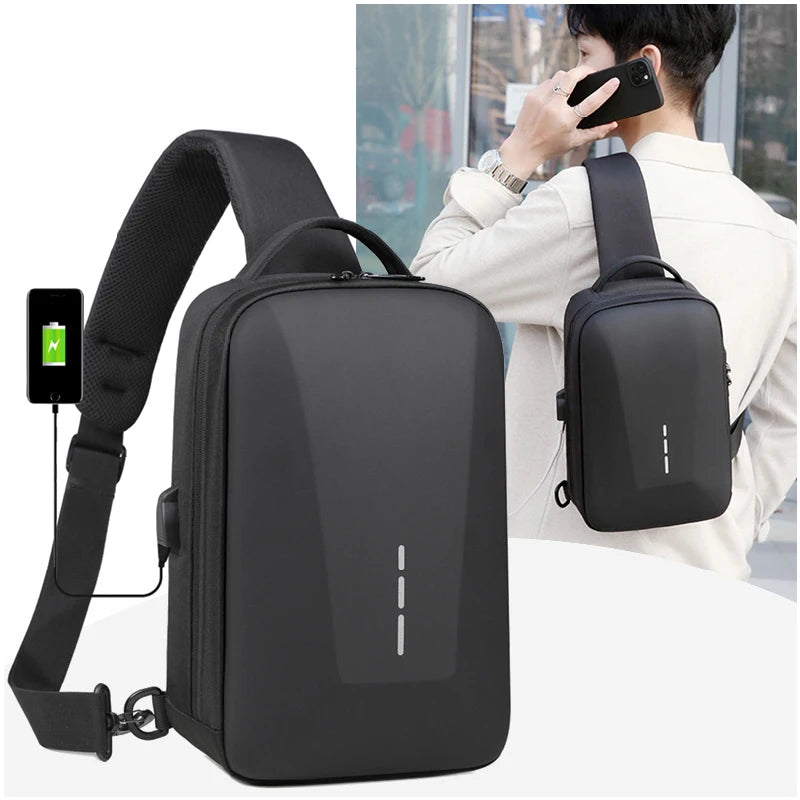 Sleek anti-theft travel crossbody bag with USB charging port, being worn by a person in a stylish urban setting.