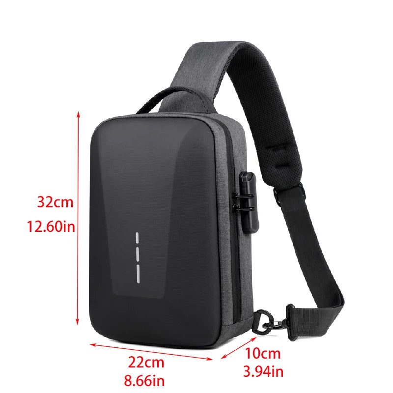 Anti-theft Travel Crossbody Bag with dimensions, featuring a sleek design and adjustable strap.