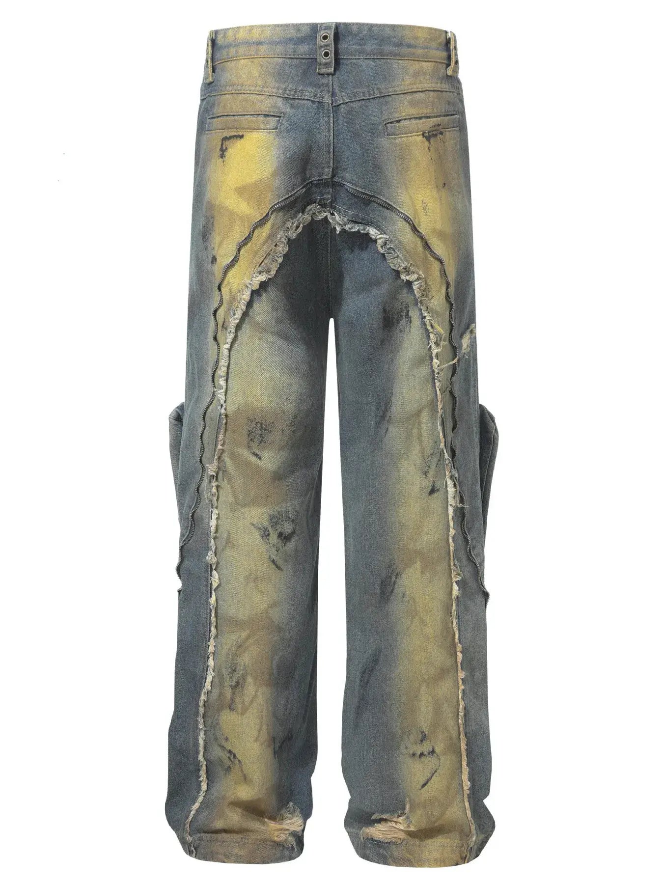 Back view of distressed cargo jeans with artistic ripped design and vintage washed finish for men.