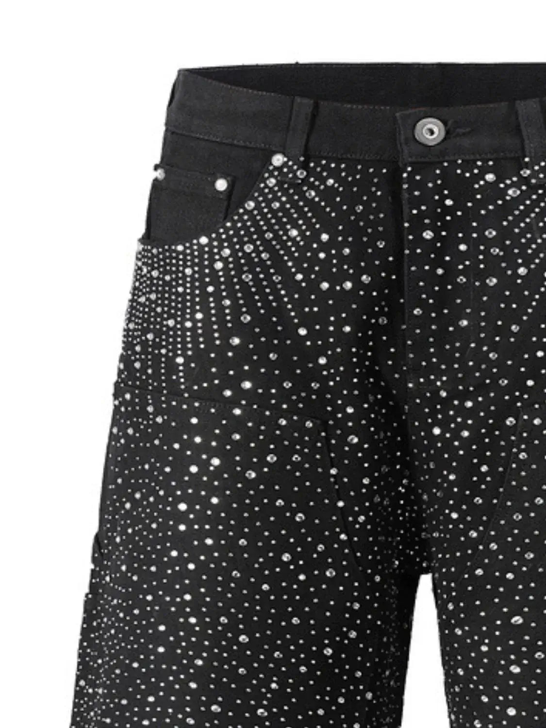 Black StarGalaxy rhinestone shorts featuring sparkling embellishments and stylish design for men.