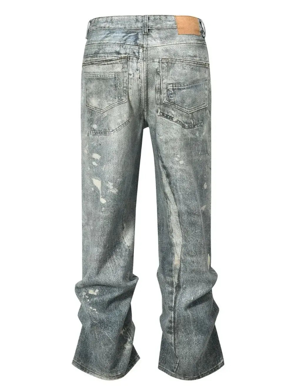 Back view of washed printed straight jeans with a structured fit and distressed details.
