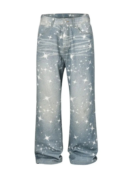 StarPrint Rhinestone Washed Jeans for men, featuring a structured fit and starry design, crafted from cotton and polyester.