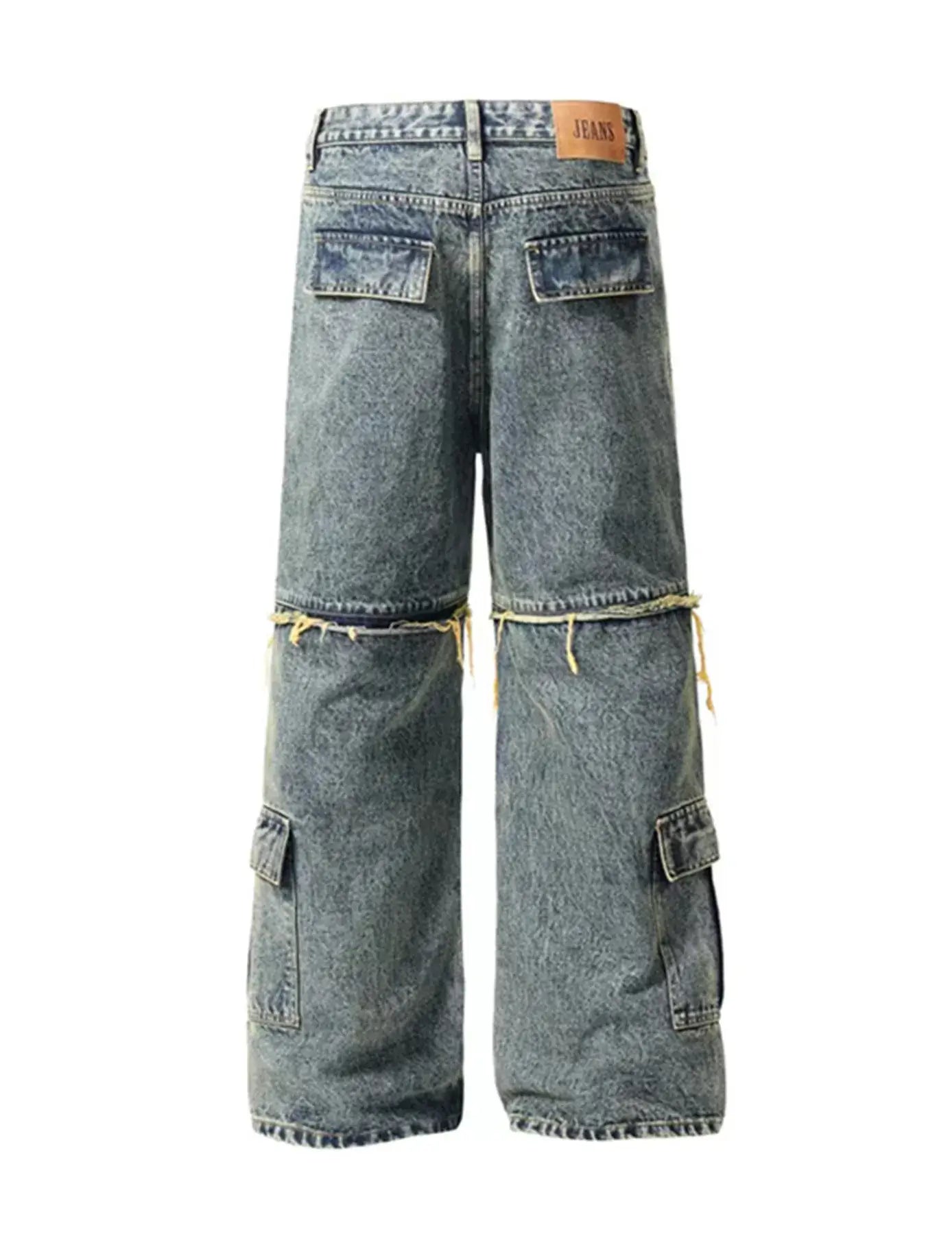 Back view of vintage distressed multi-pocket cargo jeans for men, featuring a washed finish and structured fit.