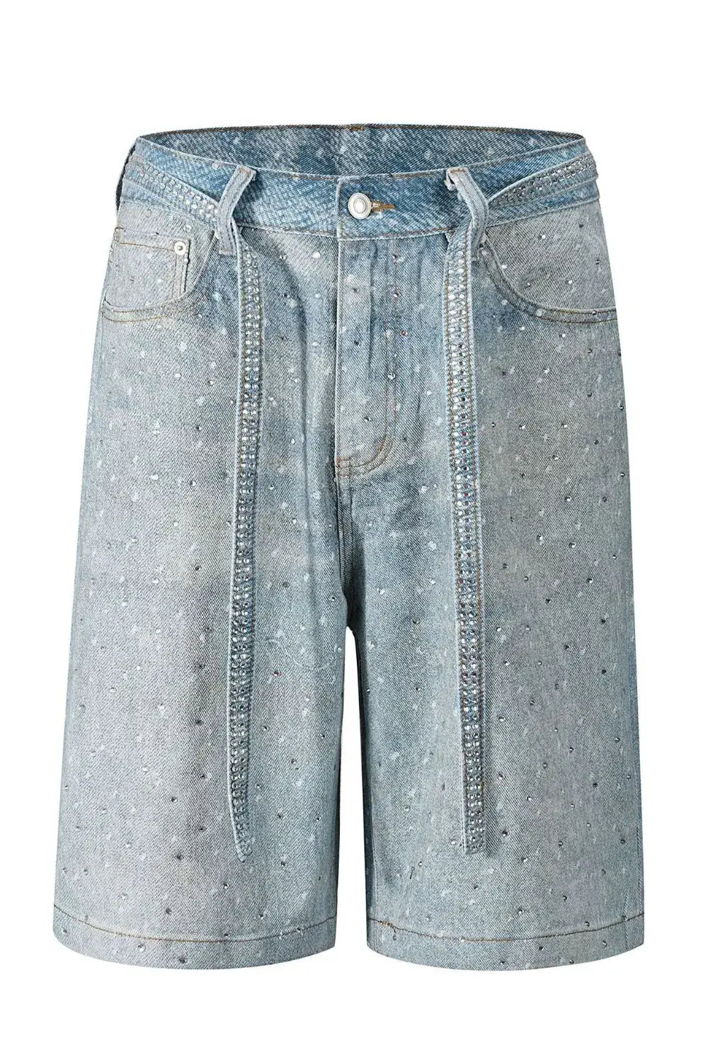 Galaxy Rhinestone Shorts for men, featuring slight stretch, streetwear style, and denim look with rhinestones.